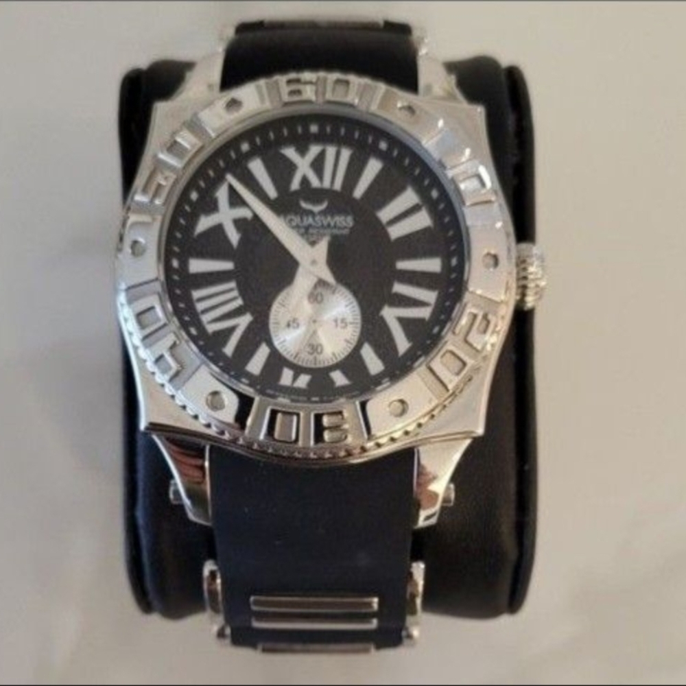Aquaswiss Black and Silver Luxury Watch with Crystal Bezel